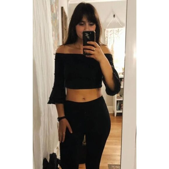 Zara EUC Denim Cropped Off Shoulder Top Ruffled Sleeves Size S - Picture 8 of 15